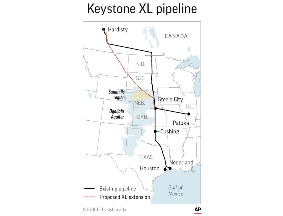 An AP map shows the proposed Keystone XL pipeline extension route.