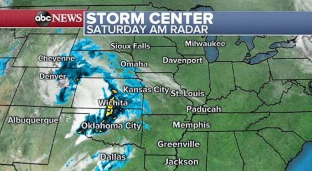 Storms are moving through Oklahoma and Kansas on Saturday morning.