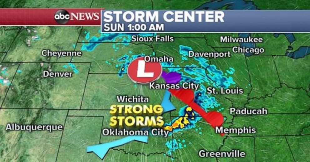 Strong storms are possible in Missouri and Arkansas early Sunday.