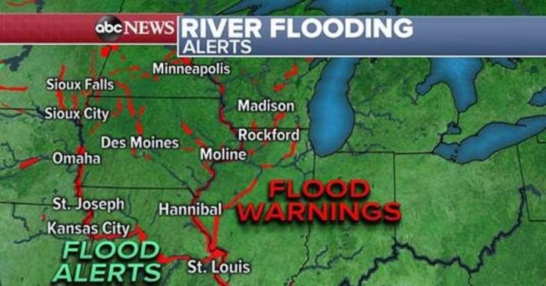 River flooding continues in Midwest with more rain heading toward region