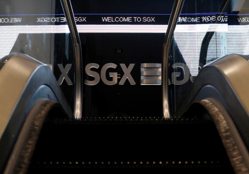 An SGX sign is pictured at Singapore Stock Exchange