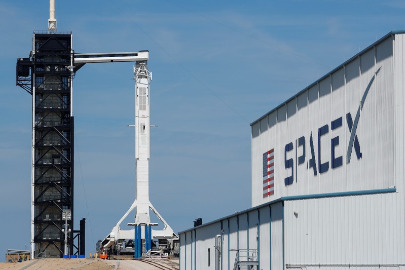 A SpaceX Falcon 9 carrying the Crew Dragon spacecraft sits on launch pad 39A prior to the uncrewed test flight to the International Space Station from the Kennedy Space Center in Cape Canaveral