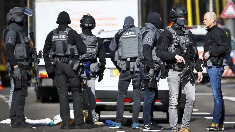 Armed police at the scene where a shooting took place at the 24 Oktoberplace in Utrecht, The Netherlands, March 18, 2019.