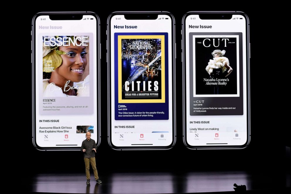 Roger Rosner, vice president of applications at Apple Inc., speaks during the launch of their new video streaming service, and unveiled a premium subscription tier to its News app, March 25, 2019, in Cupertino, Calif.