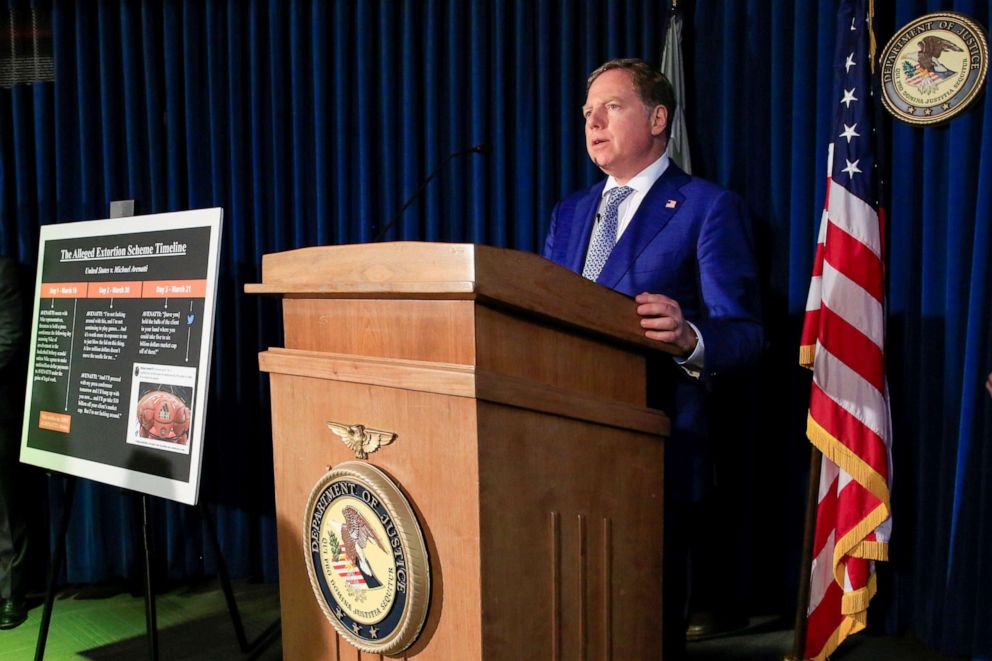 Attorney Geoffrey Berman speaks during a news conference announcing charges against attorney Michael Avenatti with extorting more than $20 million from Nike according to a criminal complaint filed by federal authorities in New York, March 25, 2019.
