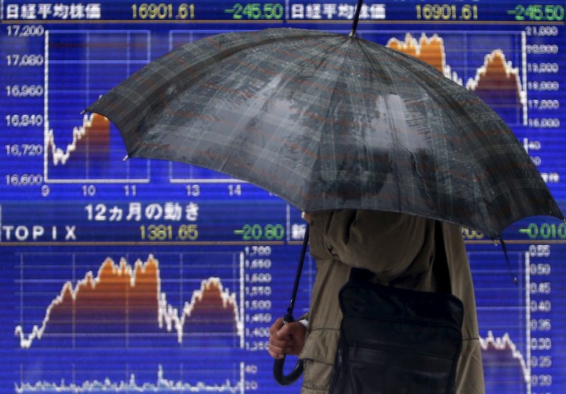 A pedestrian holding an umbrella walks past an electronic board showing the graphs of the recent fluctuations of Japan's Nikkei average outside a brokerage in Tokyo