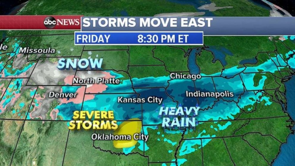 Heavy rain will stretch from Kansas to Ohio on Friday.
