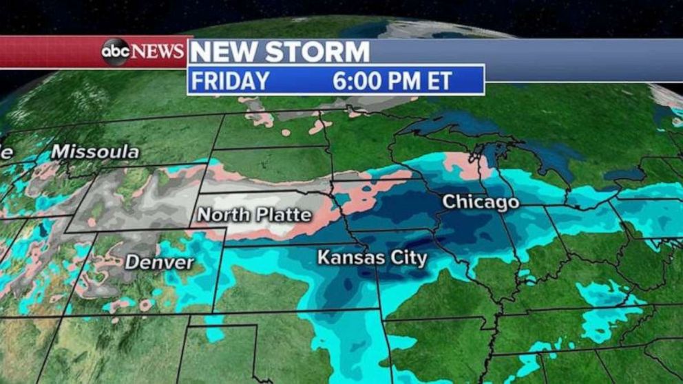 The new storm will be over the Midwest by Friday.