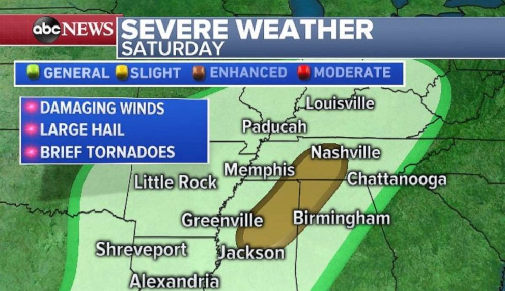 Damaging wind, hail and brief tornadoes are possible in the Tennessee River Valley on Saturday.
