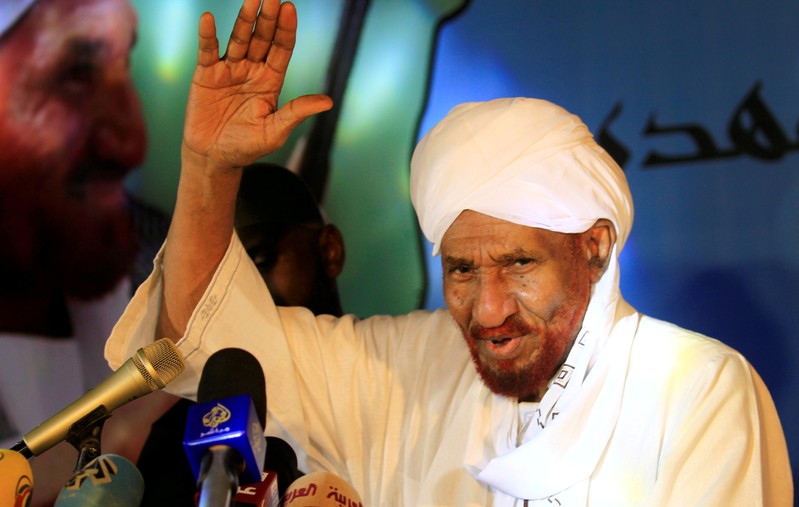 FILE PHOTO: Sudanese leading opposition figure Sadiq al-Mahdi addresses his supporters after he returned from nearly a year in self-imposed exile in Khartoum