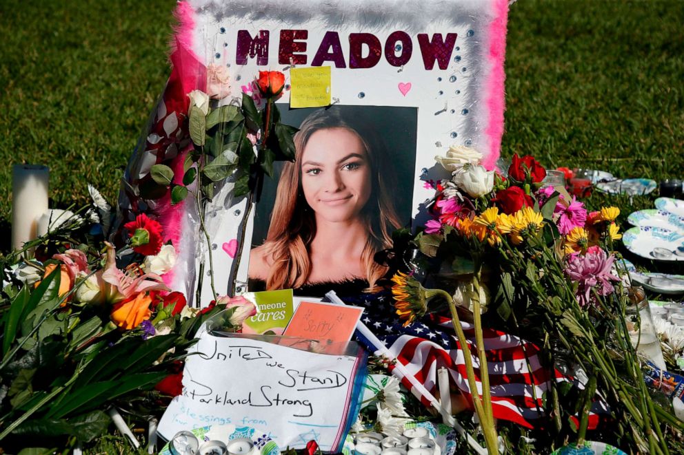 A memorial for Meadow Pollack, one of the victims of the Marjory Stoneman Douglas High School shooting, sits in a park in Parkland, Fla., Feb. 16, 2018, two days after the massacre.