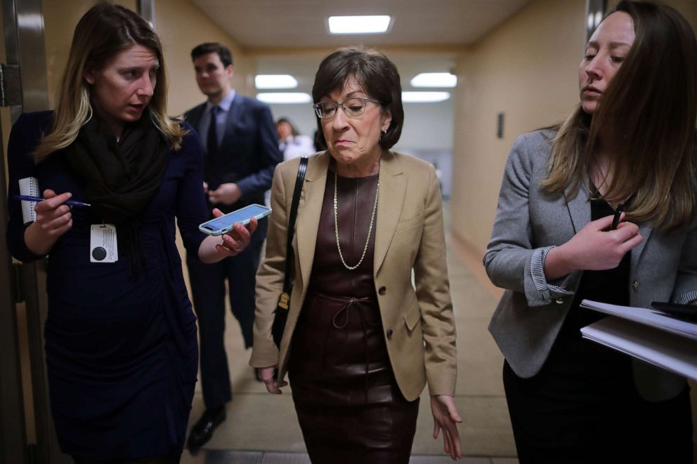 Sen. Susan Collins (R-ME) talks to reporters as she heads to the Capitol for the weekly Republican policy luncheon, March 5, 2019.