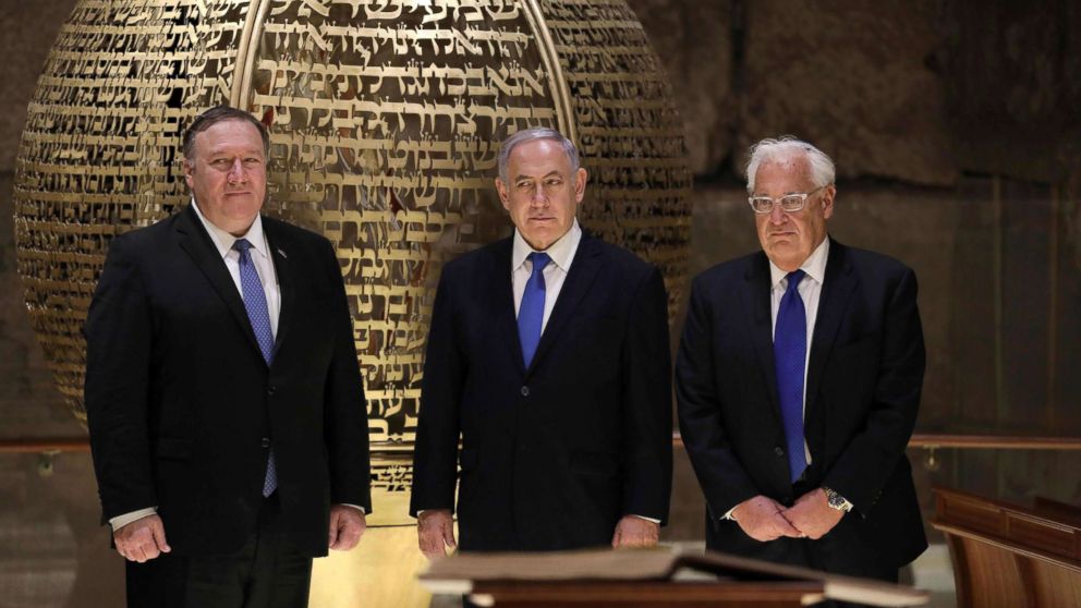 From left, Secretary of State Mike Pompeo, Israeli Prime Minister Benjamin Netanyahu and U.S. Ambassador to Israel David Friedman, visit the Western Wall Tunnels in Jerusalem's Old City on March 21, 2019.