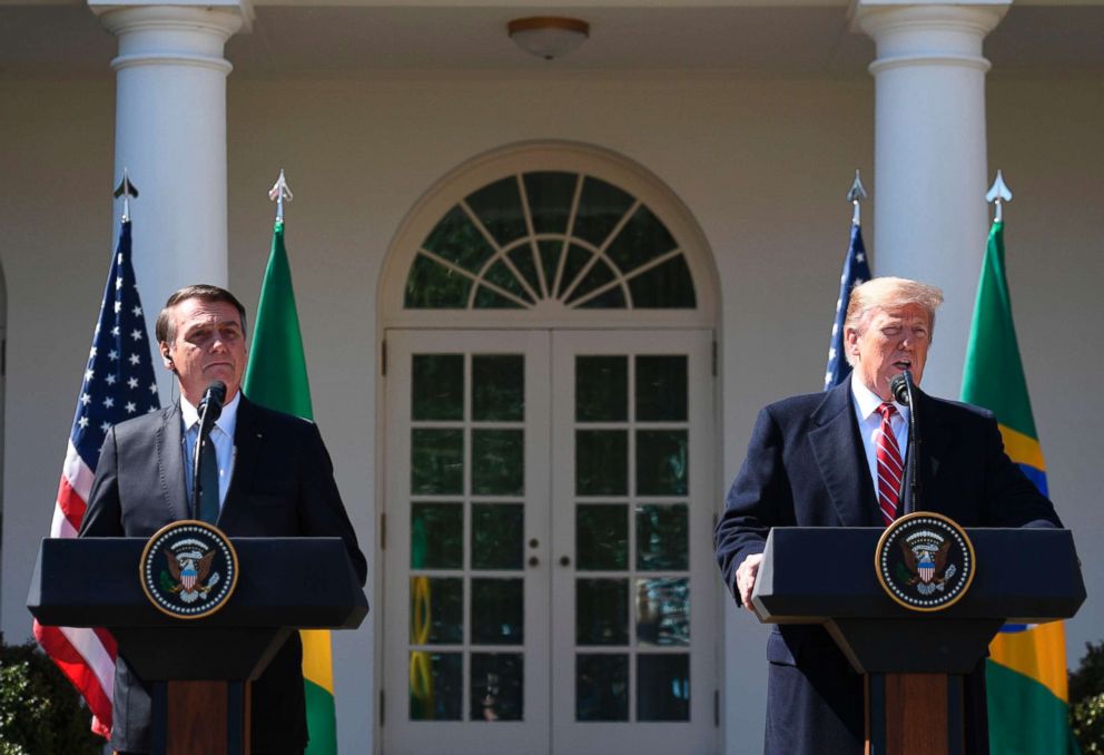 President Donald Trump takes part in a joint press conference with Brazil's President Jair Bolsonaro in the Rose Garden at the White House on March 19, 2019, in Washington, D.C.