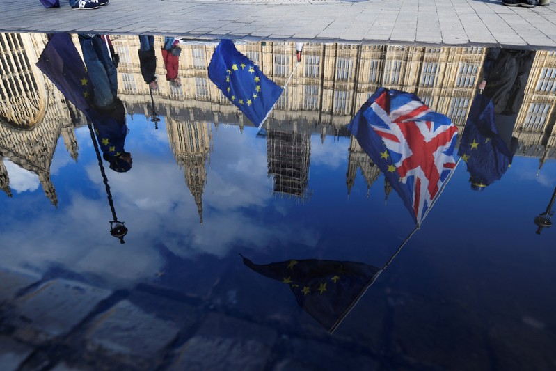 Anti-Brexit demonstrators waving EU and Union flags are reflected in a puddle in front of the Houses of Parliament in London