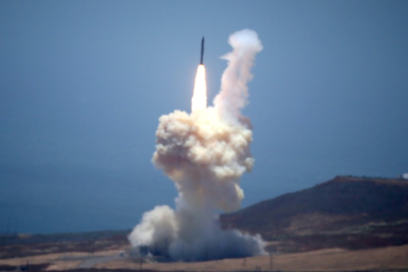 The Ground-based Midcourse Defense (GMD) element of the U.S. ballistic missile defense system launches during a flight test from Vandenberg Air Force Base