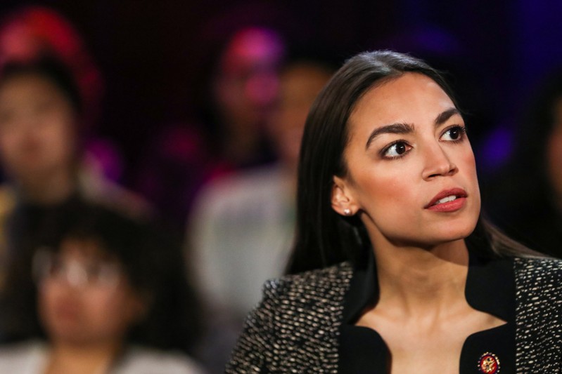 U.S. Representative Alexandria Ocasio-Cortez (D-NY) speaks to members of the media following a televised town hall event in New York