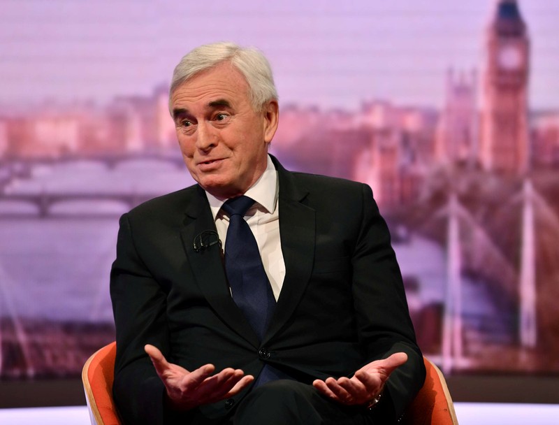 John McDonnell, Shadow Chancellor of the Exchequer, appears on BBC TV's The Andrew Marr Show in London