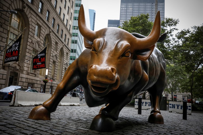 The Charging Bull statue, also known as the Wall St. Bull, is seen in the financial district of New York City