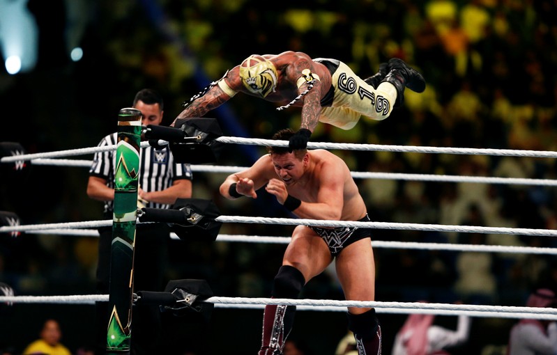 Rey Mysterio is seen in action against The Miz during the quarter-final match of WWE 