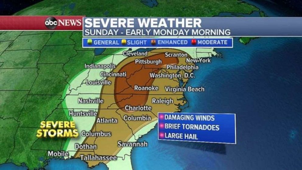 Severe storms will affect a large portion of the East Coast on Sunday.