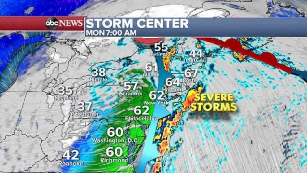 Heavy rain could make a mess of the Monday morning commute from Virginia to New England.