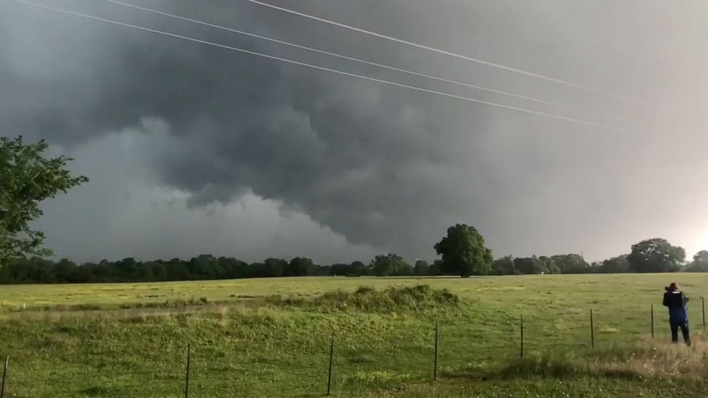 A view of clouds, part of a weather system seen from near Franklin, Texas, in this still image from social media video dated April 13, 2019.