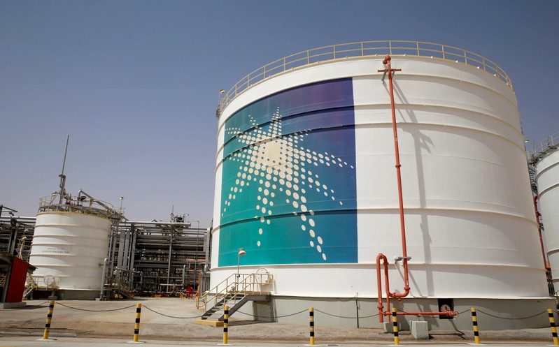 FILE PHOTO: An Aramco oil tank is seen at the Production facility at Saudi Aramco's Shaybah oilfield in the Empty Quarter