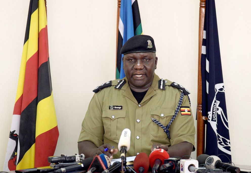 Uganda's police spokesperson Fred Enanga addresses the media on the rescue of American tourist Kimberley Sue Endecott, who was abducted by gunmen in Queen Elizabeth National Park, at the police headquarters in Kampala, Uganda, April 8, 2019.