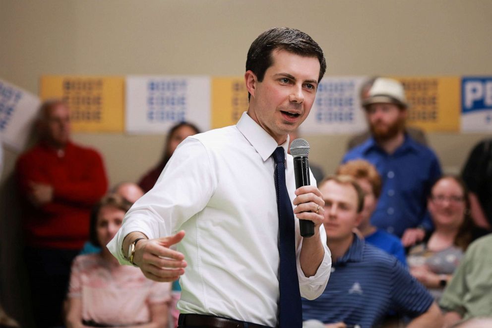 2020 Democratic presidential candidate Pete Buttigieg speaks during a town hall meeting in Fort Dodge, Iowa, April 16, 2019.