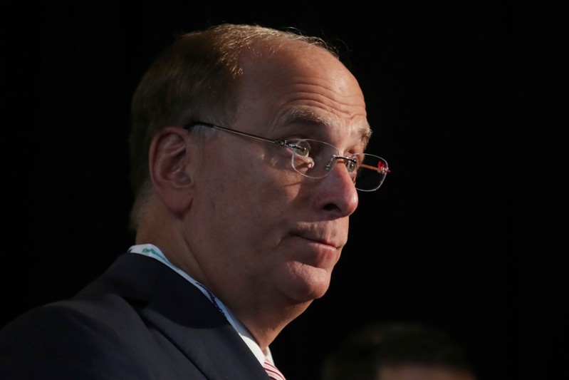 FILE PHOTO: Larry Fink, Chief Executive Officer of BlackRock, stands at the Bloomberg Global Business forum in New York