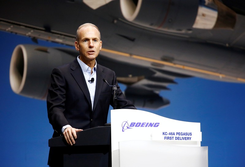 FILE PHOTO: Boeing Chairman, President and CEO Muilenburg speaks during a delivery celebration of the Boeing KC-46 Pegasus aerial refueling tanker to the U.S. Air Force in Everett, Washington