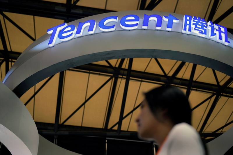 A Tencent sign is seen during the China Digital Entertainment Expo and Conference (ChinaJoy) in Shanghai