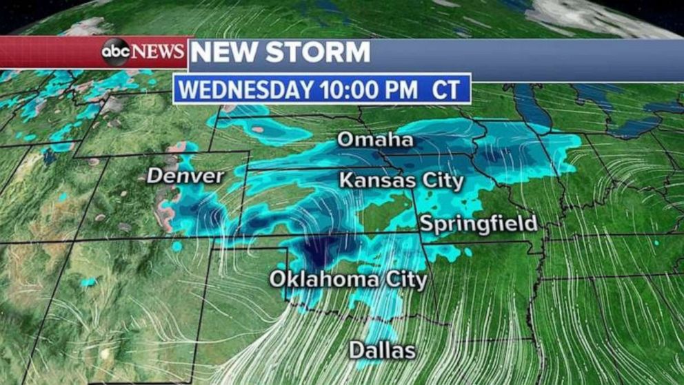 The new storm will be over the Midwest by Wednesday.