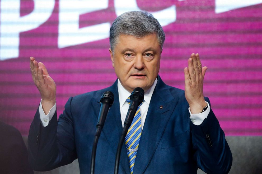 Ukrainian President Petro Poroshenko gestures while speaking at his headquarters after the second round of presidential elections in Kiev, Ukraine, April 21, 2019.