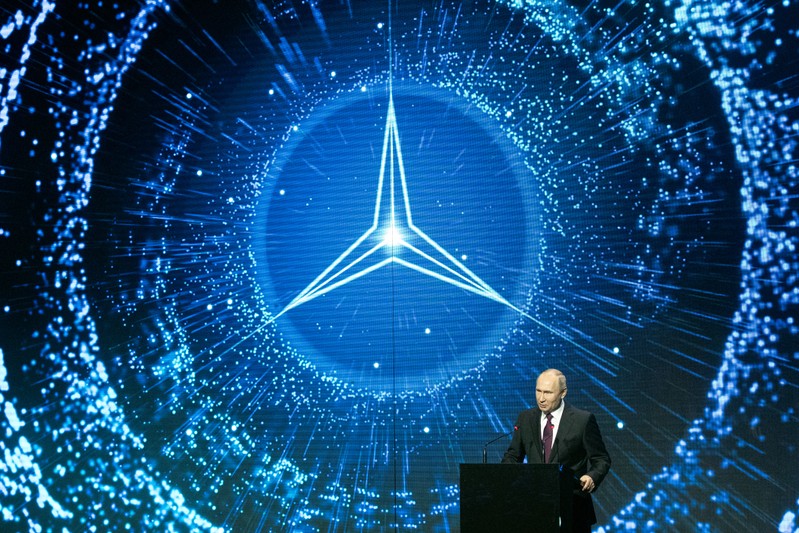 Russian President Vladimir Putin speaks during the opening ceremony of a Mercedes Benz automobile assembly plant outside Moscow