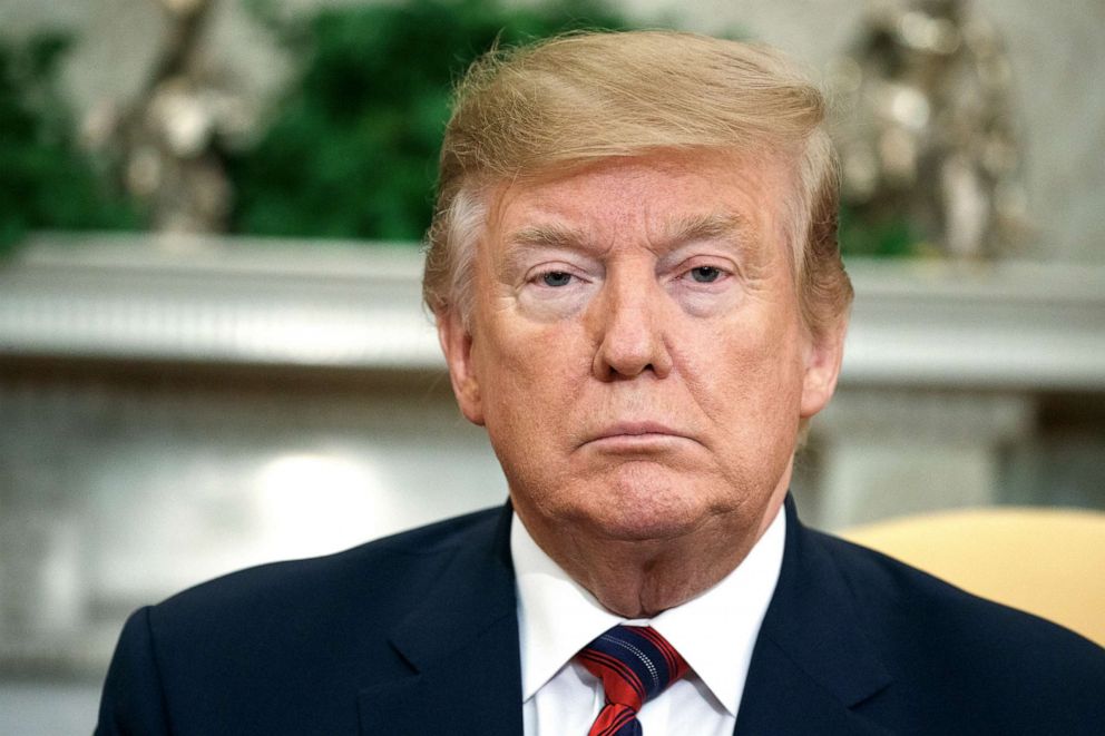 President Donald Trump listens to South Korean President Moon Jae-in speak during a meeting in the Oval Office of the White House, Thursday, April 11, 2019, in Washington.