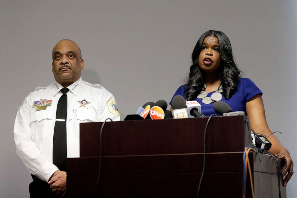 Cook County State's Attorney Kim Foxx, right, speaks at a news conference as Chicago Police Superintendent Eddie Johnson listens in Chicago, Feb. 22, 2019.
