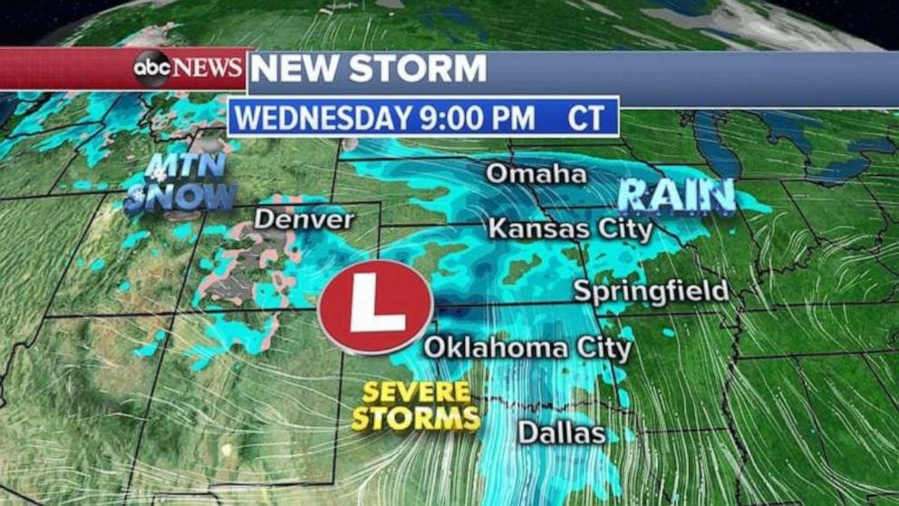 The new storm will be over the Midwest by Wednesday.