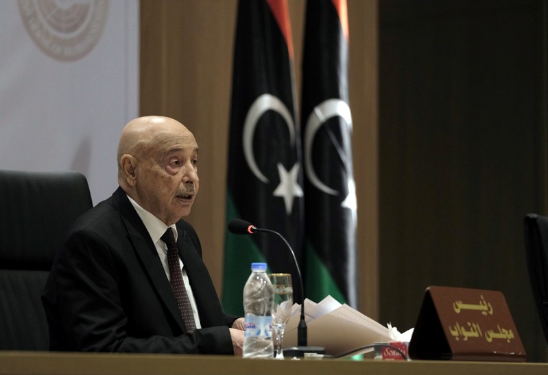 Aguila Saleh, Libya's parliament president, speaks during the first session at parliament headquarters in Benghazi