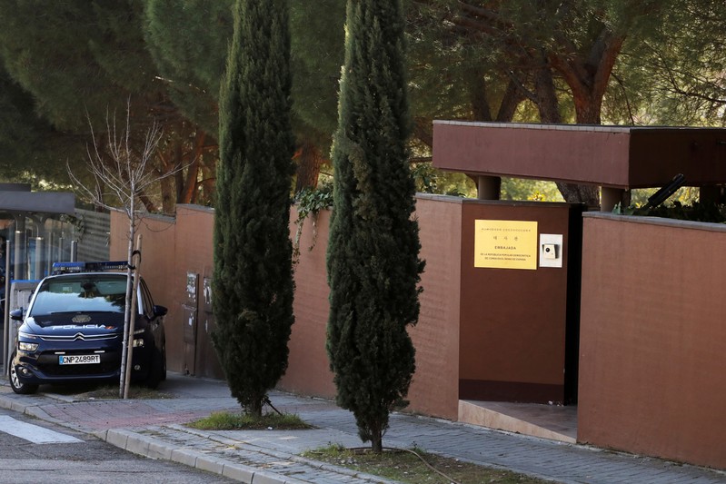 FILE PHOTO: A Spanish National Police car is seen outside the North Korea's embassy in Madrid