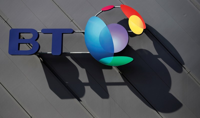 FILE PHOTO: A BT (British Telecom) company logo is pictured on the side of a convention centre in Liverpool northern England.