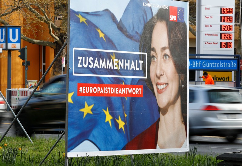 An election campaign poster for the upcoming European Parliament elections depicting German Justice Minister Katarina Barley, the SPD top candidate, is pictured in Berlin
