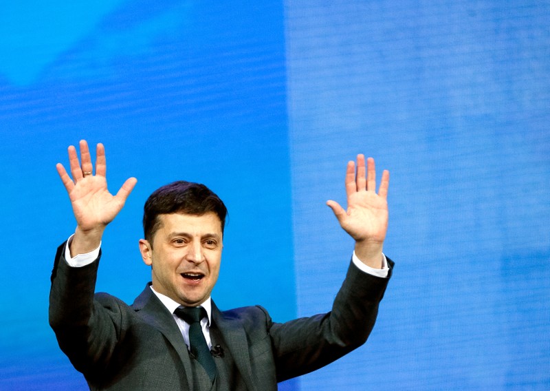 Ukraine's presidential candidates Petro Poroshenko and Volodymyr Zelenskiy attend a debate in Kiev