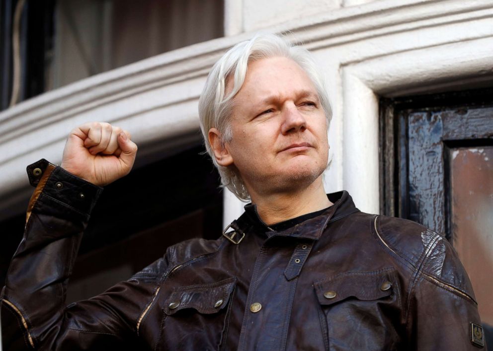 Julian Assange greets supporters outside the Ecuadorian embassy in London, May 19, 2017.