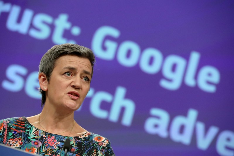 FILE PHOTO: European Competition Commissioner Margrethe Vestager talks to the media at the European Commission headquarters in Brussels on March 20, 2019