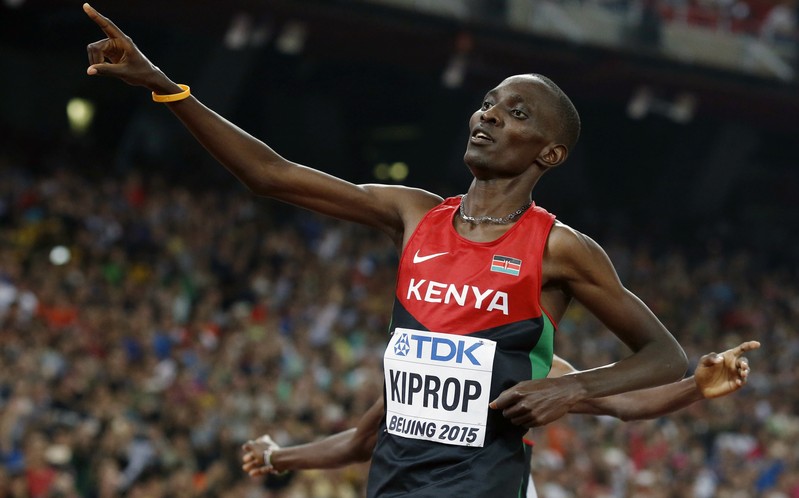 FILE PHOTO - Asbel Kiprop of Kenya reacts after winning the men's 1500 metres final during the 15th IAAF World Championships at the National Stadium in Beijing