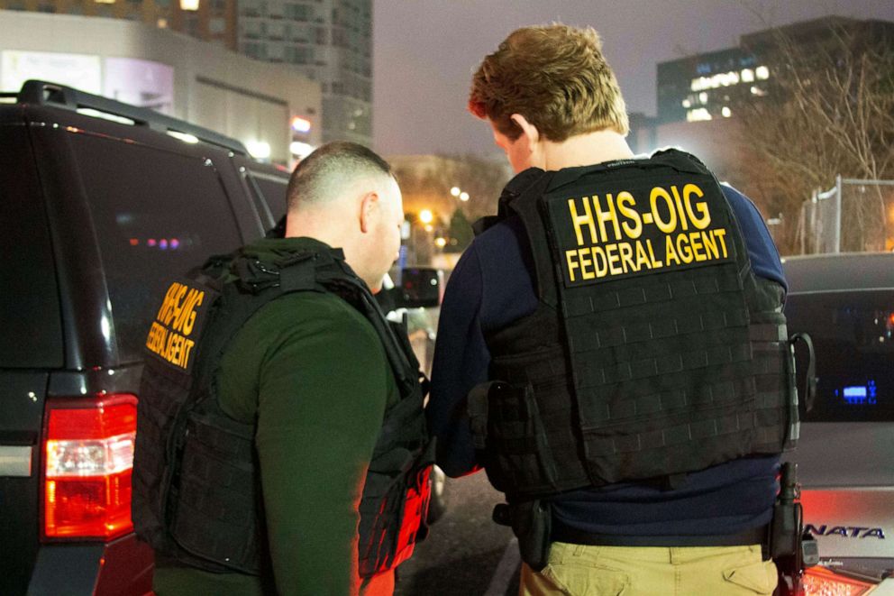 HHS Office of Inspector General agents take part in arrests on April 9, 2019, in Queens, N.Y., as they break up a billion-dollar Medicare scam that peddled unneeded orthopedic braces to hundreds of thousands of seniors nationwide.