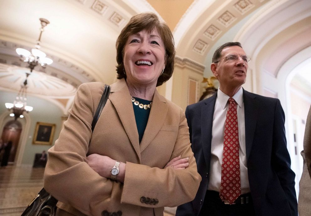 Sen. Susan Collins and Sen. John Barrasso are pictured together at the Capitol in Washington, March 14, 2019.