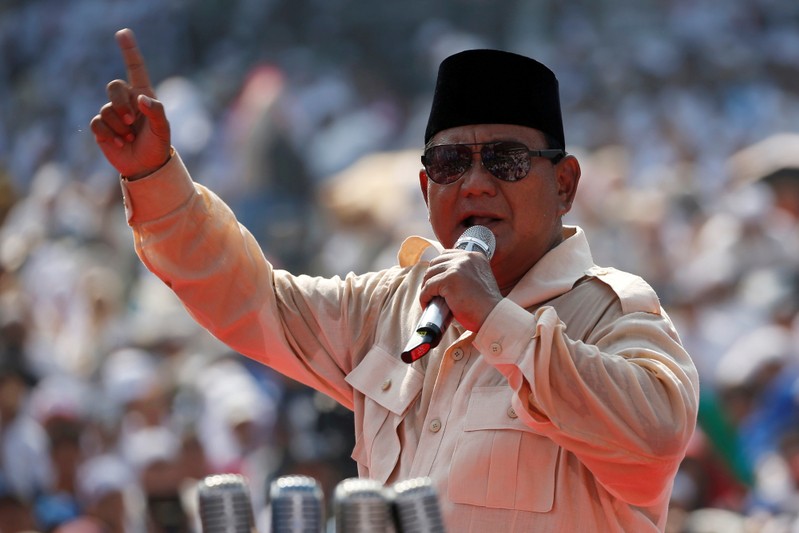 FILE PHOTO: Indonesia's presidential candidate Prabowo Subianto speaks during a campaign rally with his running mate Sandiaga Uno at Gelora Bung Karno Main Stadium in Jakarta